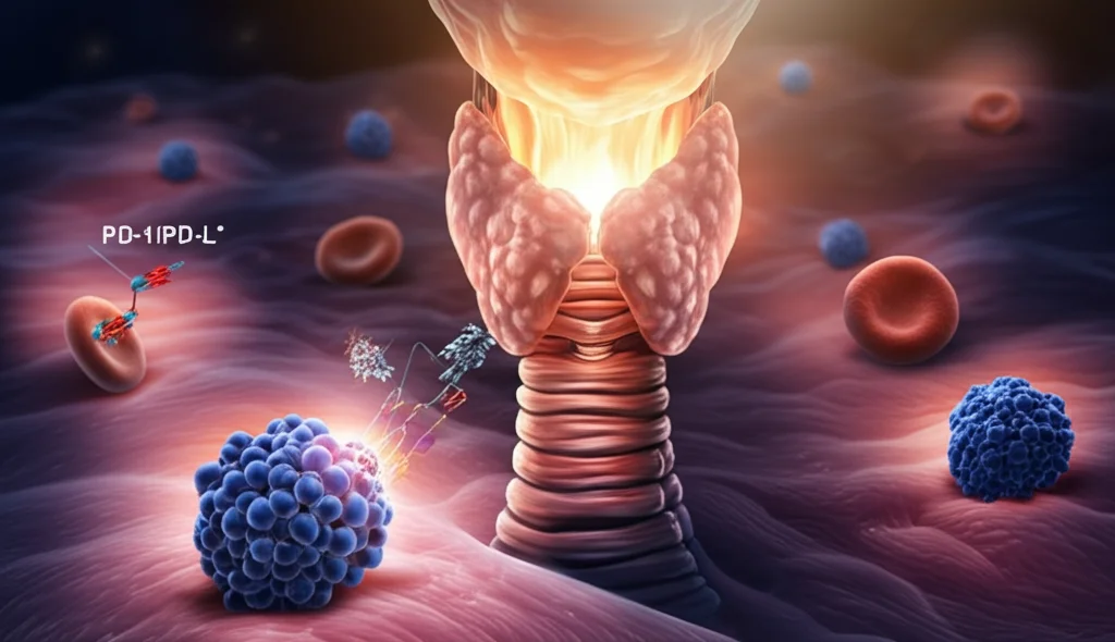 Immagine concettuale medica che mostra una ghiandola tiroidea stilizzata con accanto cellule immunitarie attivate e molecole di inibitori PD-1/PD-L1, su uno sfondo che rappresenta cellule polmonari. Illuminazione drammatica, focus selettivo, stile fotorealistico, 50mm prime lens, profondità di campo.