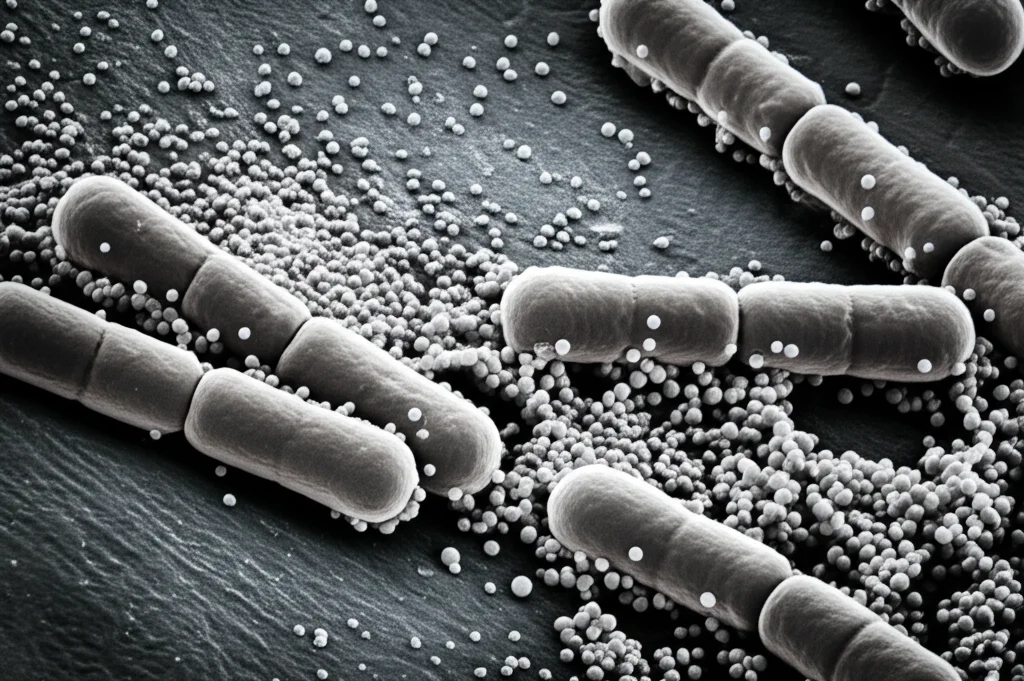 Immagine macro fotorealistica, lente 85mm, che mostra nanoparticelle d'argento scintillanti interagire con batteri Pseudomonas aeruginosa su una superficie che simula tessuto biologico, evidenziando l'inibizione del biofilm, alta definizione, illuminazione drammatica controllata.