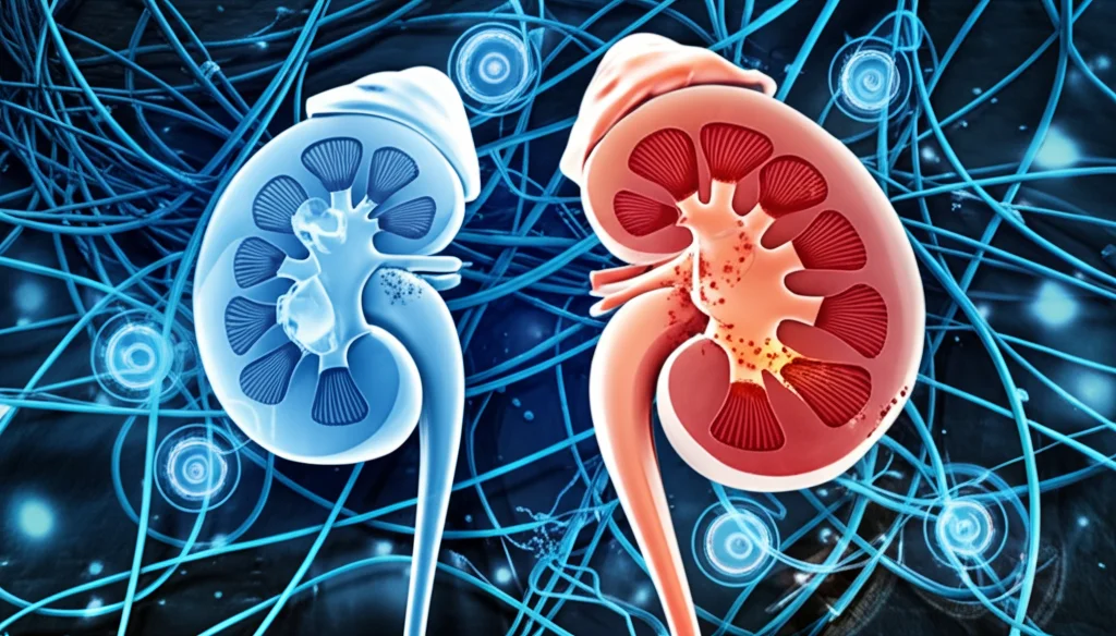 Visualizzazione concettuale medica fotorealistica che mostra reni stilizzati affetti da sindrome nefrosica con proteine che fuoriescono, sovrapposti a una micrografia elettronica di batteri Nocardia filamentosi e tubi ECMO luminosi intrecciati, sfondo scuro high-tech, alta definizione.