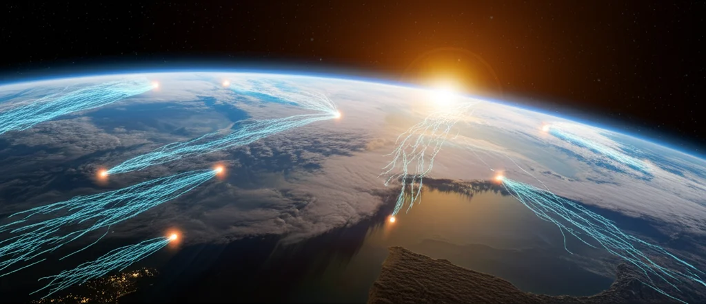 Visualizzazione fotorealistica della Terra vista dallo spazio, con un focus sull'interfaccia tra atmosfera e superficie. Si vedono correnti atmosferiche stilizzate che trasportano particelle di aerosol (rappresentate come scie luminose sottili e diffuse) interagendo con uno strato di foschia colorata vicino alla superficie terrestre (rappresentante l'ozono troposferico). L'illuminazione è drammatica, con il sole che illumina parzialmente il pianeta, creando forti contrasti. Stile fotorealistico, alta definizione.