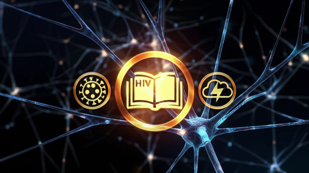 Visualizzazione astratta di connessioni neurali luminose su sfondo scuro, sovrapposte a tre simboli stilizzati: un virus HIV, un libro aperto (apprendimento), e una nuvola scura (depressione). Illuminazione controllata, dettagli elevati, obiettivo macro 90mm.