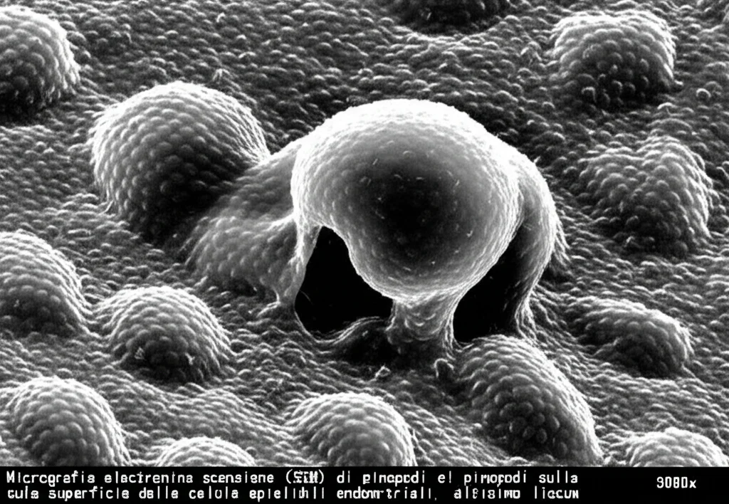 Micrografia elettronica a scansione (SEM) di pinopodi sulla superficie delle cellule epiteliali endometriali, altissimo dettaglio che mostra la morfologia dei pinopodi (stadio maturo, superficie liscia), ingrandimento 3000x, illuminazione tipica da SEM.