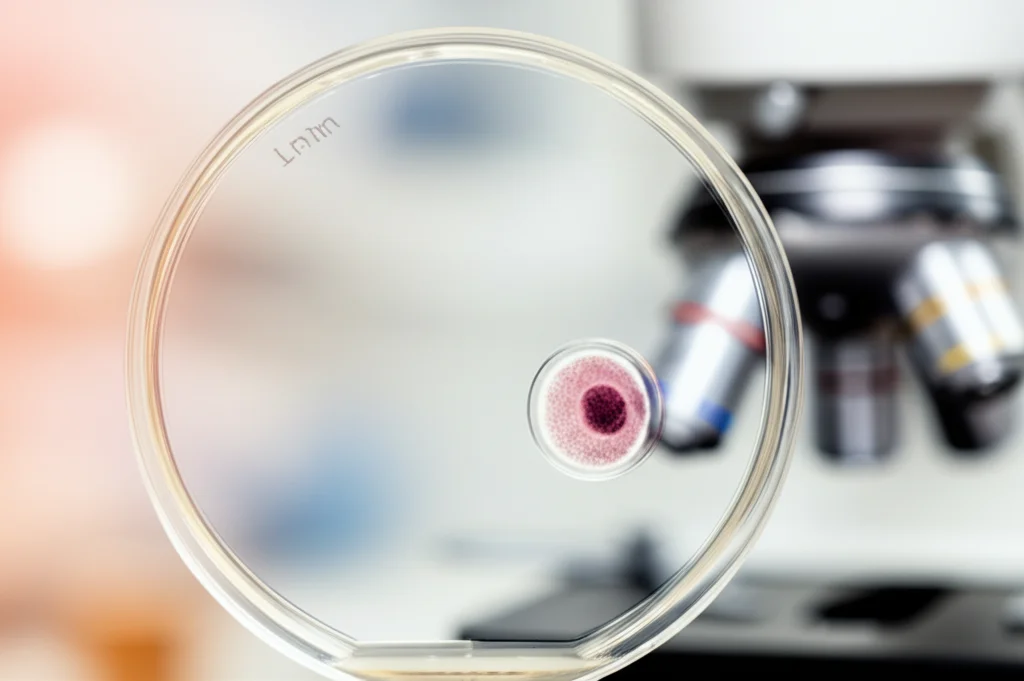 Fotografia still life di una capsula di Petri contenente un embrione allo stadio di blastocisti sotto un microscopio da laboratorio, illuminazione controllata, messa a fuoco precisa sull'embrione, obiettivo macro 80mm, sfondo leggermente sfocato del laboratorio medico.