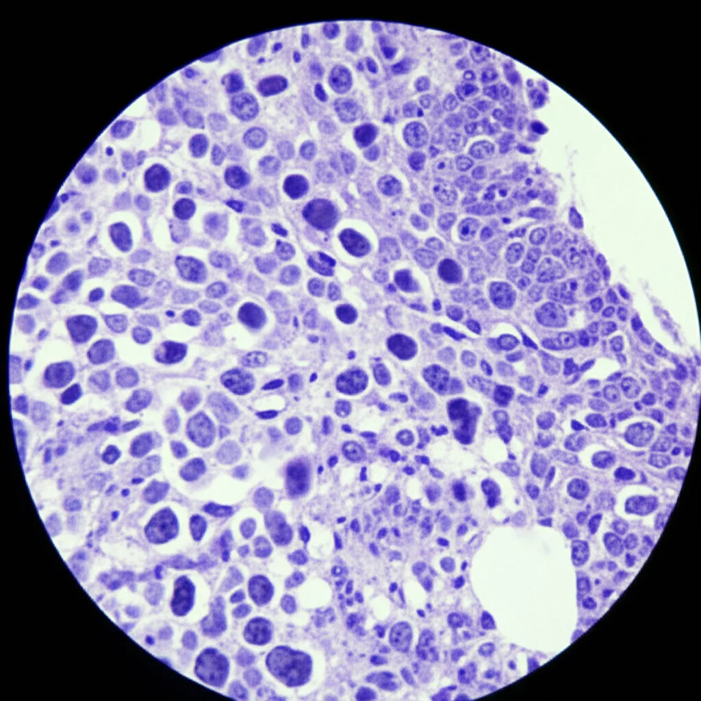 Microscopio ottico che mostra cellule tumorali piccole, rotonde e blu (small round blue cells) tipiche del PNET renale, con colorazione Ematossilina-Eosina. Obiettivo macro 100mm, alta definizione, illuminazione controllata da laboratorio.