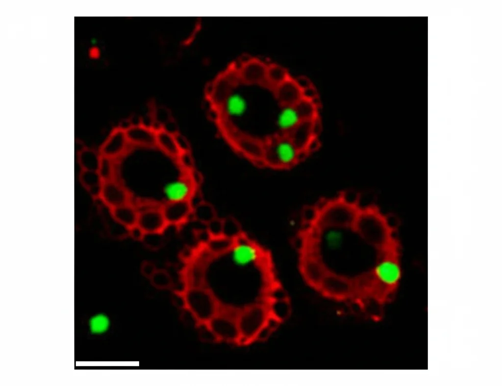 Immagine di ibridazione in situ a fluorescenza (FISH) che mostra il riarrangiamento del gene EWSR1 in cellule tumorali PNET. Segnali fluorescenti rossi e verdi separati indicano la rottura del gene. Obiettivo ad immersione in olio 100x, alta definizione, sfondo scuro per contrasto.