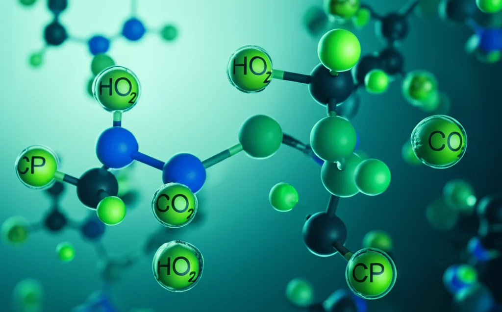 Visualizzazione astratta di molecole di CO2 in stato supercritico che circondano molecole di farmaco (CP), evidenziando il processo di dissoluzione. Stile macrofotografia, 85mm, illuminazione scientifica controllata, alta definizione, colori blu e verde duotone.