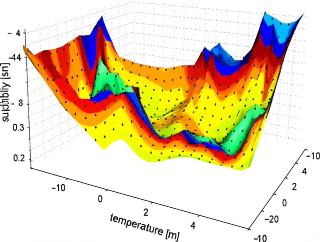 Grafico 3D scientifico che mostra la superficie di risposta della solubilità del farmaco CP in funzione di temperatura e pressione, generato dal modello GBDT. Focus nitido sui dettagli della superficie curva, illuminazione da studio, colori accesi per evidenziare le variazioni.
