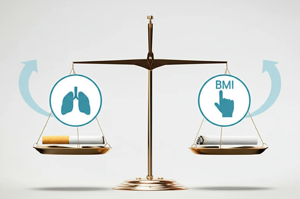 Immagine concettuale fotorealistica che mostra una bilancia con su un piatto un'icona stilizzata di polmoni sani e sull'altro una sigaretta spenta e un'icona di indice di massa corporea (BMI), con una freccia che indica un miglioramento, profondità di campo, lente prime 35mm, per simboleggiare l'effetto dei GLP-1RA sui fattori di rischio come fumo e BMI nell'apnea notturna.