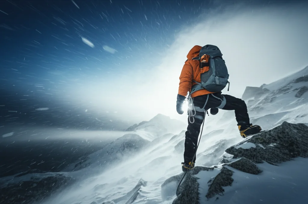 Un alpinista solitario, visto di spalle, che lotta contro il vento e la neve su un pendio montano ripido, vicino alla vetta. Telephoto zoom lens, 200mm, fast shutter speed, action tracking, luce drammatica del tardo pomeriggio che evidenzia lo sforzo e la determinazione.