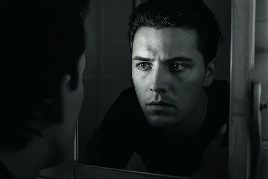 Primo piano del volto di una persona che si guarda intensamente allo specchio, con un'espressione mista di dubbio e determinazione. Prime lens, 35mm, depth of field, luce laterale che crea forti contrasti, stile film noir, bianco e nero.