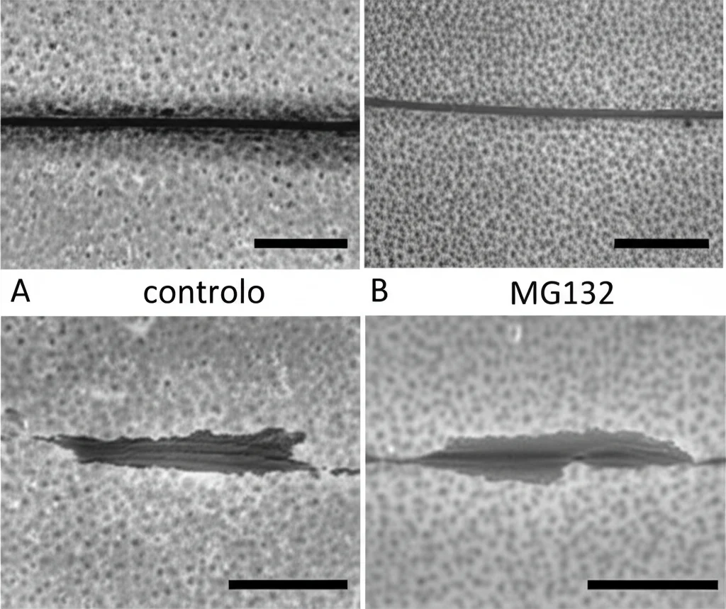 Immagine al microscopio di un saggio 'wound healing' su cellule di melanoma A375. Si vedono due fronti cellulari separati da uno spazio vuoto ('ferita'). Un'immagine mostra il controllo (spazio che si chiude), l'altra mostra le cellule trattate con MG132 (spazio che rimane aperto). Obiettivo grandangolare 24mm, bianco e nero per evidenziare il contrasto.