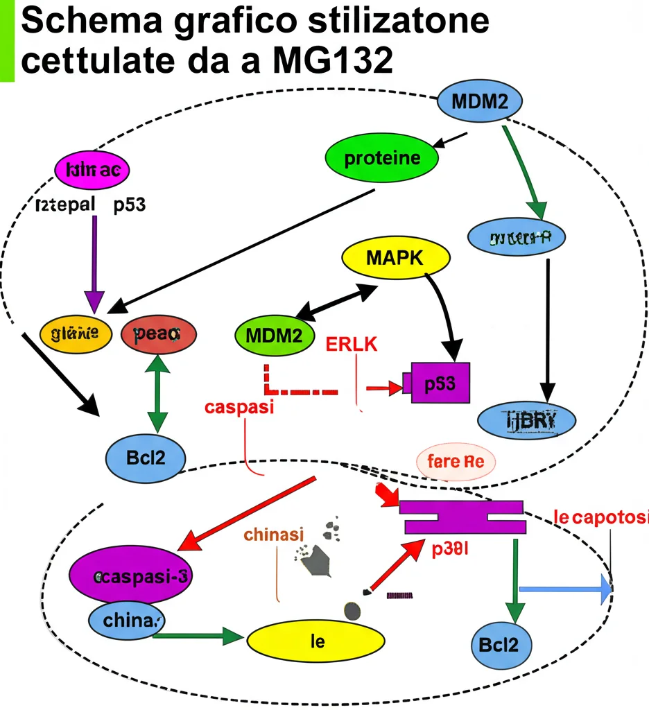 Schema grafico stilizzato che illustra le vie di segnalazione cellulare attivate da MG132 nel melanoma. Frecce indicano l'attivazione (verde) o l'inibizione (rosso) di proteine come MDM2, p53, caspasi-3, Bcl2 e le chinasi MAPK (ERK, JNK, p38), culminando nell'apoptosi. Stile infografica, colori vivaci.