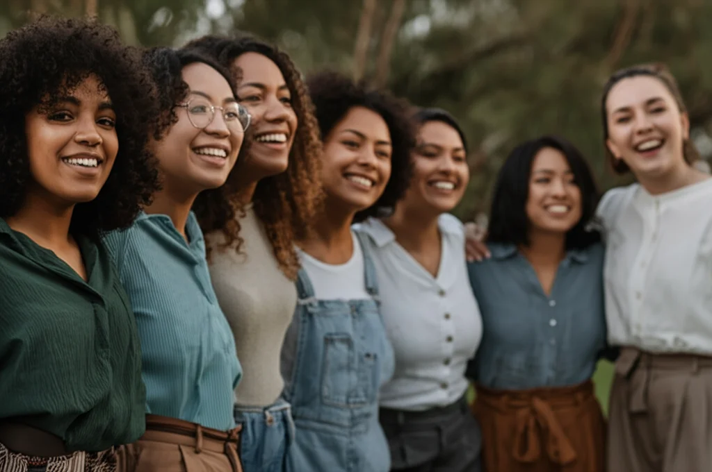 Fotografia di ritratto, 50mm, colori caldi e naturali, leggera profondità di campo. Un gruppo diversificato di donne sorride e interagisce positivamente in un contesto comunitario, simboleggiando speranza, supporto reciproco e cambiamento positivo.
