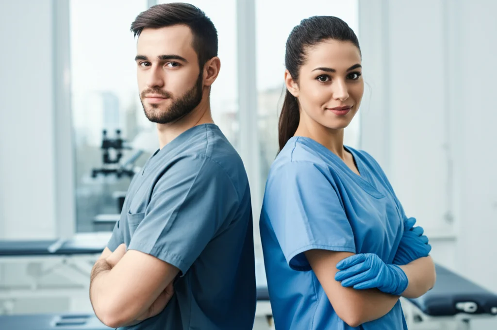 Ritratto di uno studente di chiropratica maschio e una studentessa femmina, fianco a fianco in un laboratorio di pratica, entrambi con espressioni che riflettono diversi livelli di confidenza, obiettivo prime 35mm, duotono blu e grigio, profondità di campo media.