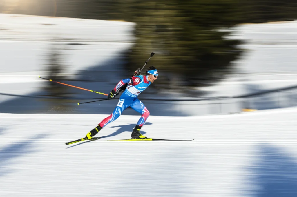 Atleta di biathlon maschile che scia ad alta velocità su una pista innevata, ripreso lateralmente con un teleobiettivo zoom 300mm, fast shutter speed per congelare il movimento della neve sollevata dagli sci, action tracking attivo, luce invernale brillante.