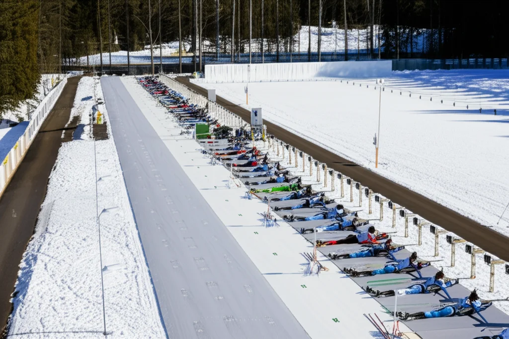 Poligono di tiro del biathlon, visuale dall'alto con diversi atleti in posizione di tiro prona e in piedi, obiettivo grandangolare 24mm per catturare l'ampiezza della scena, focus nitido su tutta l'area, giornata di sole invernale.