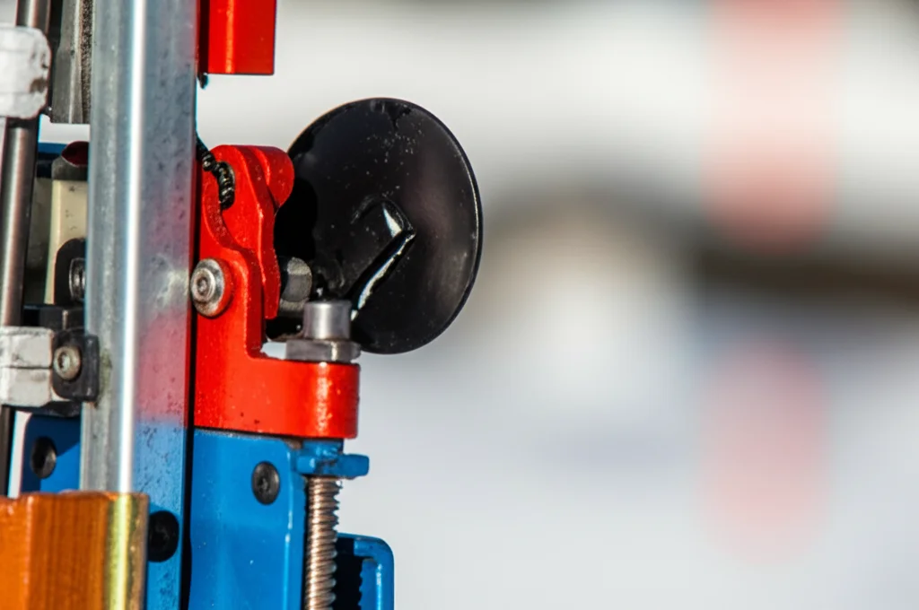 Dettaglio macro di un bersaglio da biathlon appena colpito, con il disco nero che si chiude, obiettivo macro 100mm, high detail, precise focusing sul meccanismo del bersaglio, sfondo innevato sfocato.