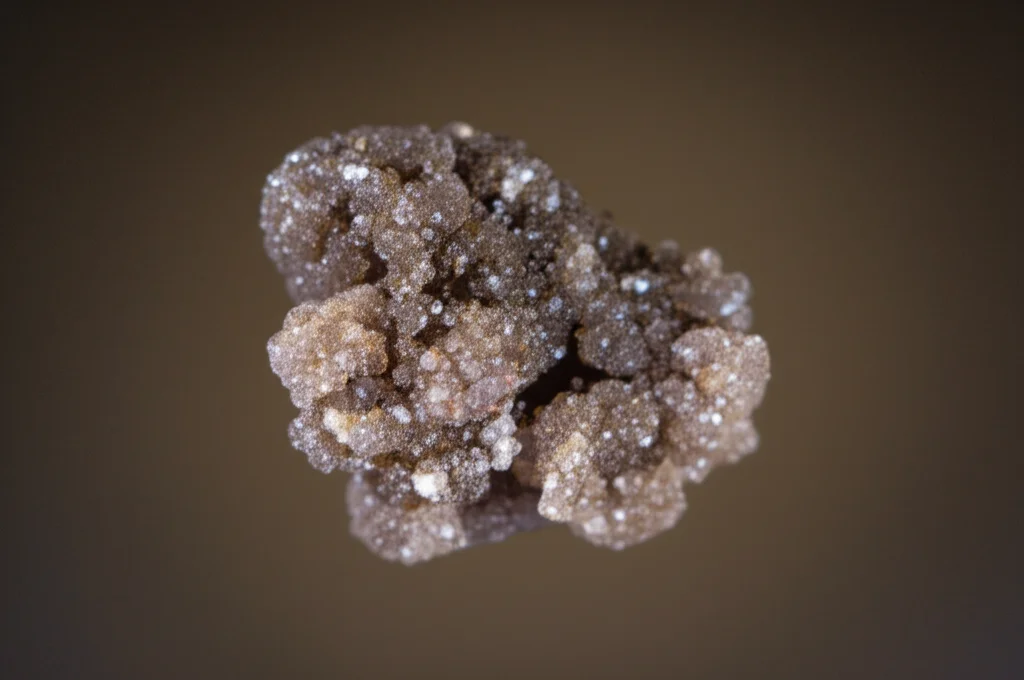 Fotografia macro di un calcolo renale complesso su sfondo scuro, obiettivo 90mm macro, illuminazione controllata per evidenziare la struttura cristallina, alta definizione.