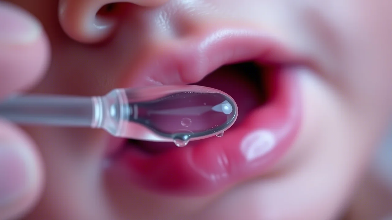 Macro lens shot, 60mm, cattura di un campione di saliva trasparente prelevato delicatamente dalla bocca di un neonato con un tampone buccale, alto dettaglio, messa a fuoco precisa, illuminazione clinica controllata.