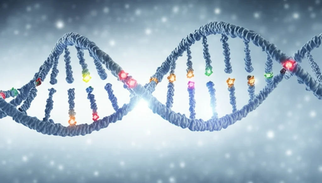 Immagine concettuale fotorealistica: un segmento stilizzato e luminoso di doppia elica del DNA con punti specifici (siti CpG) evidenziati in un colore diverso, rappresentanti marcatori di metilazione, obiettivo primario, 35mm, profondità di campo, sottili duotoni blu e grigi.