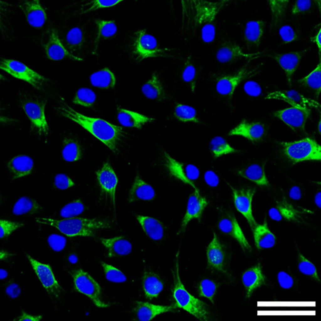 Immagine al microscopio di cellule staminali pluripotenti umane in coltura, con nuclei evidenziati in blu (DAPI) e la proteina MSH2 marcata in verde in alcune cellule (controllo WT) e assente in altre (KO), obiettivo 40x, immunofluorescenza, sfondo scuro per contrasto.