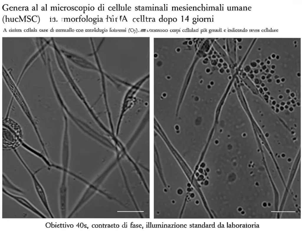 Immagine al microscopio di cellule staminali mesenchimali umane (hucMSC) in coltura. A sinistra, cellule sane di controllo con morfologia fusiforme. A destra, cellule dopo 14 giorni di trattamento con radiazioni (1 Gy), mostrano corpi cellulari più grandi e particelle, indicando stress cellulare. Obiettivo 40x, contrasto di fase, illuminazione standard da laboratorio.
