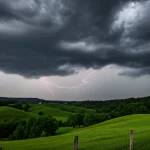 Fotografia drammatica di un paesaggio del Kentucky durante un temporale estremo, nuvole scure cariche di pioggia incombono sulle colline verdi ondulate, un fulmine potente illumina il cielo in lontananza, obiettivo grandangolare 20mm, lunga esposizione per enfatizzare il movimento vorticoso delle nuvole e la pioggia battente, colori intensi e contrastati, atmosfera minacciosa.
