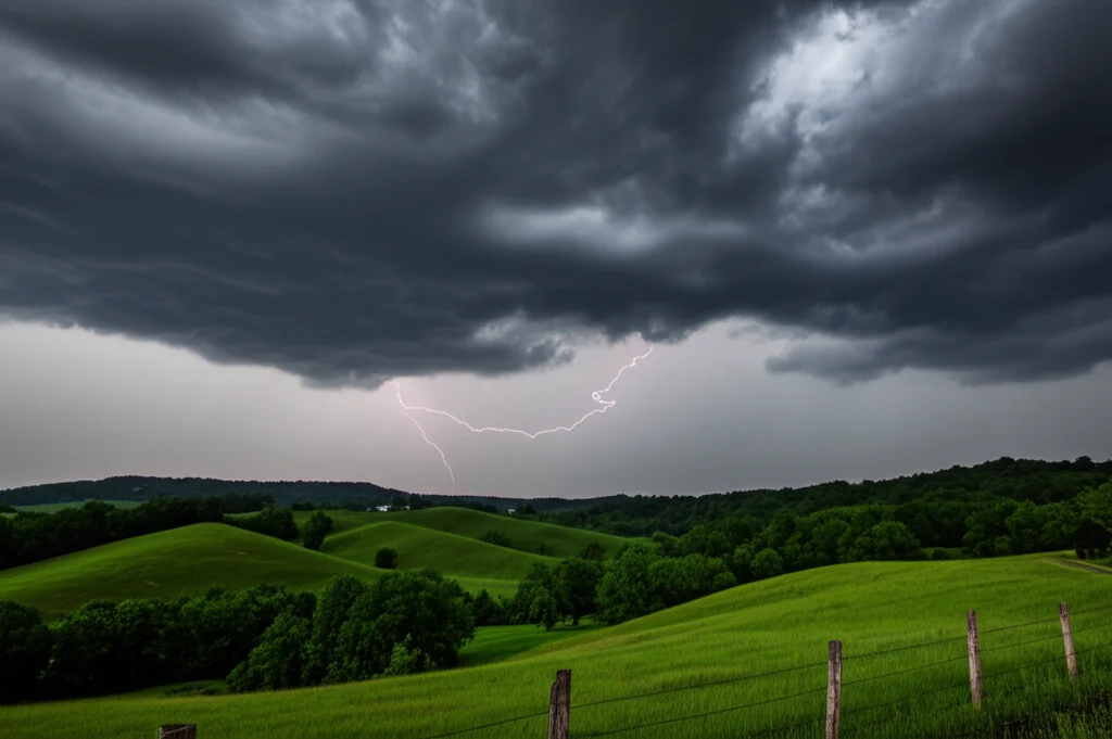 Fotografia drammatica di un paesaggio del Kentucky durante un temporale estremo, nuvole scure cariche di pioggia incombono sulle colline verdi ondulate, un fulmine potente illumina il cielo in lontananza, obiettivo grandangolare 20mm, lunga esposizione per enfatizzare il movimento vorticoso delle nuvole e la pioggia battente, colori intensi e contrastati, atmosfera minacciosa.