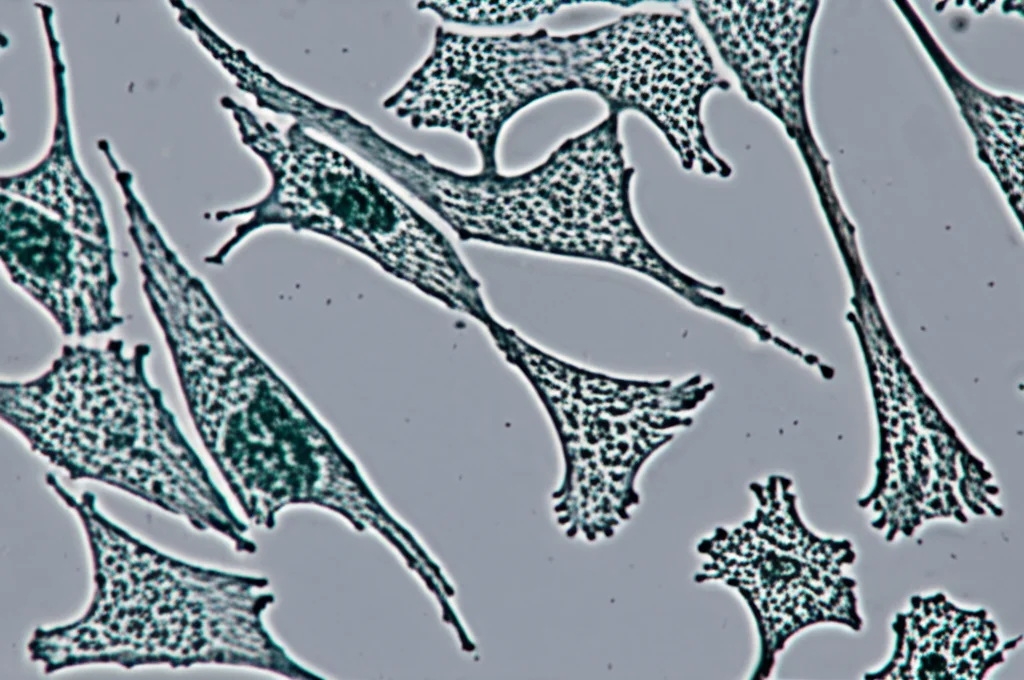 Fotografia macro ad alta definizione di cellule staminali mesenchimali umane (hucMSC) in una piastra di coltura. Alcune cellule appaiono sane, con la tipica morfologia allungata, altre mostrano alterazioni morfologiche indicative di stress da radiazioni (più grandi, più granulari). Obiettivo macro 100mm, illuminazione da laboratorio controllata, messa a fuoco selettiva su un gruppo di cellule, sfondo leggermente sfocato.