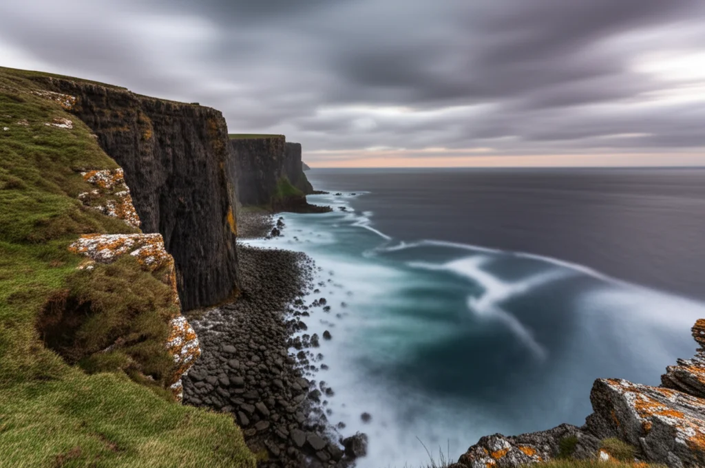 Fotografia paesaggistica grandangolare di una costa drammatica al tramonto, con alte scogliere e onde potenti che si infrangono. Il cielo è nuvoloso e minaccioso, simboleggiando la minaccia del cambiamento climatico. Obiettivo grandangolare 14mm, lunga esposizione per rendere l'acqua setosa, messa a fuoco nitida sulle scogliere.