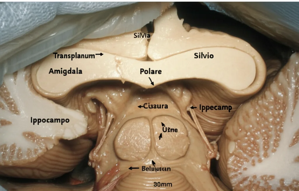 Illustrazione anatomica dettagliata del cervello umano che evidenzia l'approccio transplanum polare alla regione mesiotemporale anteriore, con focus sulla scissura di Silvio e le strutture circostanti come l'amigdala e l'ippocampo, obiettivo macro 80mm, alta definizione, illuminazione controllata simile a quella chirurgica.