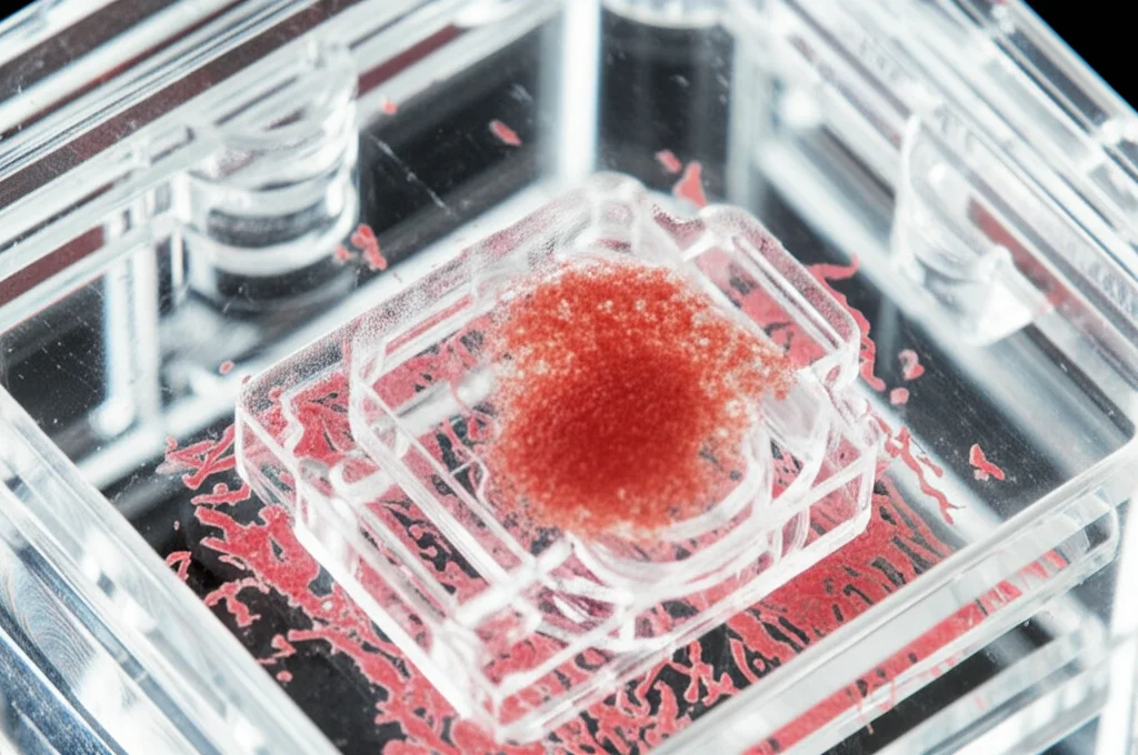 Immagine fotorealistica di un sistema microfisiologico (organ-on-a-chip) con un organoide placentare umano ingegnerizzato tridimensionale che cresce su una membrana porosa sopra uno strato di cellule endoteliali, all'interno di un chip trasparente. Illuminazione da laboratorio controllata per evidenziare la struttura complessa, obiettivo macro 60mm, alta definizione.