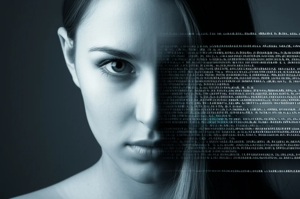 Immagine simbolica di un volto umano diviso a metà: una parte chiara e visibile, l'altra pixelata e oscurata da uno schermo digitale. Stile concettuale, obiettivo 50mm, profondità di campo, colori duotone blu e grigio.