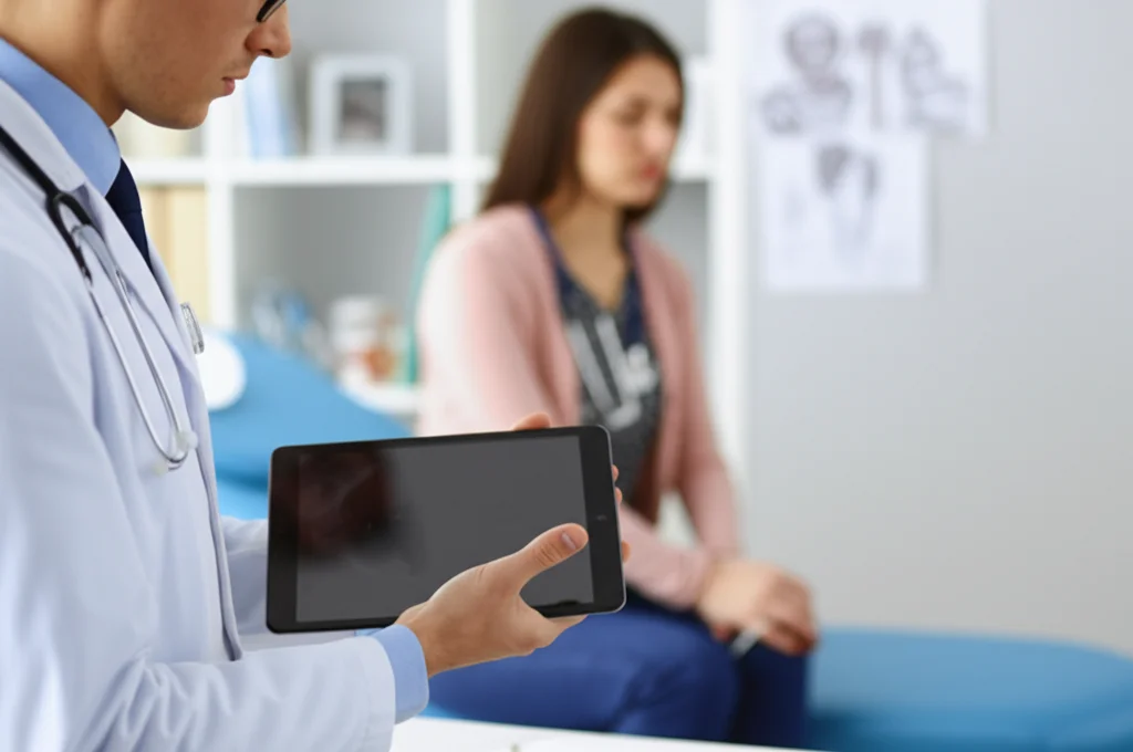 Medico specialista in gastroenterologia che esamina attentamente i risultati del monitoraggio terapeutico di un farmaco (TDM) su un tablet, con un paziente sullo sfondo sfocato in un ambulatorio moderno. Lente prime 50mm, profondità di campo, illuminazione naturale controllata.