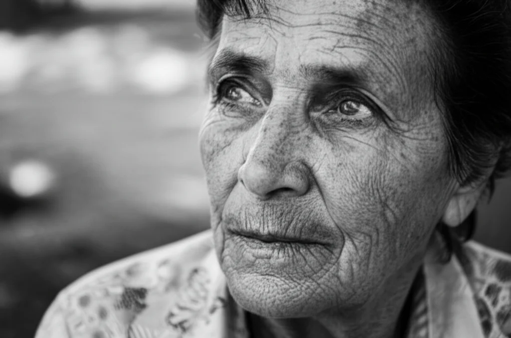 Portrait photography, primo piano sugli occhi pensierosi di una donna anziana (75+ anni) che guarda leggermente verso l'alto, luce naturale morbida che illumina il viso, obiettivo 50mm prime, profondità di campo ridotta che sfoca lo sfondo, stile pellicola bianco e nero.