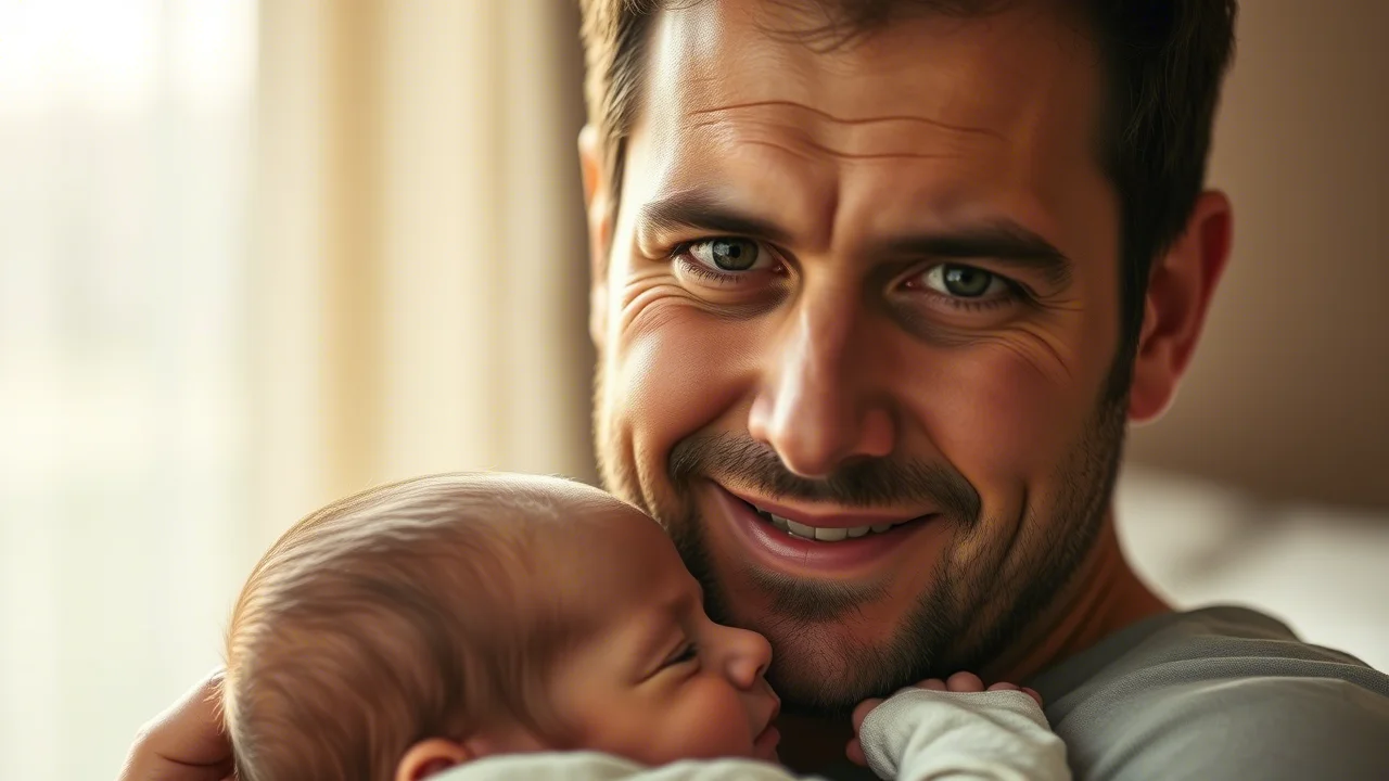 Primo piano, ritratto fotografico di un neo-papà che tiene in braccio il suo neonato addormentato. Guarda direttamente in camera con un'espressione mista di gioia, amore e una leggera preoccupazione riflessiva sulla responsabilità. Luce morbida e calda, forse al tramonto. Obiettivo prime 50mm, profondità di campo ridotta per sfocare delicatamente lo sfondo, stile fotorealistico ad alta definizione.