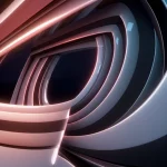 Rendering 3D astratto e fotorealistico dello spazio geometrico Sol_3, con superfici curve che ne illustrano la natura non euclidea, illuminazione drammatica che enfatizza le curvature, obiettivo grandangolare 20mm, messa a fuoco nitida.