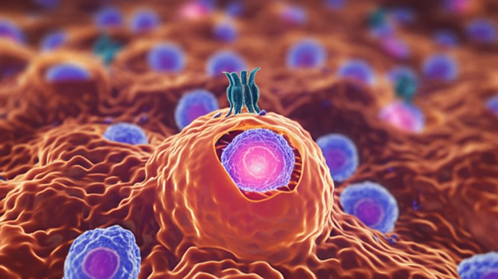 Visualizzazione 3D fotorealistica di monociti umani che interagiscono con l'interferone, evidenziando i recettori SIGLEC1 sulla superficie e il fattore IRF7 all'interno del nucleo. Dettaglio elevato, illuminazione da laboratorio simulata, lente macro 90mm, sfondo leggermente sfocato per profondità di campo.