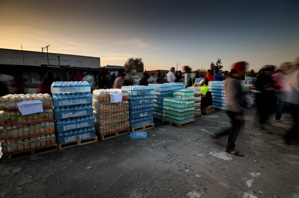 Fotografia grandangolare (18mm) di un centro di distribuzione alimentare improvvisato tra le macerie dopo un terremoto, lunga esposizione per mostrare il flusso di persone sfocate, focus nitido sulle scorte di cibo e acqua accatastate, luce drammatica del tramonto.