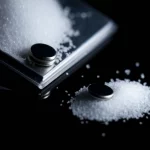 Fotografia still life di una cella a bottone per batteria a ioni di sodio accanto a cristalli di sale di sodio e litio (LiPF6), obiettivo macro 90mm, alta definizione, illuminazione controllata e drammatica che enfatizza la texture dei materiali, sfondo scuro.