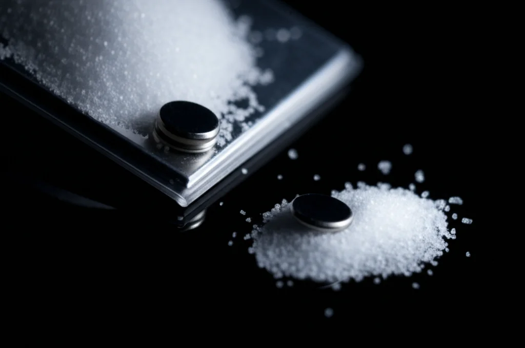 Fotografia still life di una cella a bottone per batteria a ioni di sodio accanto a cristalli di sale di sodio e litio (LiPF6), obiettivo macro 90mm, alta definizione, illuminazione controllata e drammatica che enfatizza la texture dei materiali, sfondo scuro.