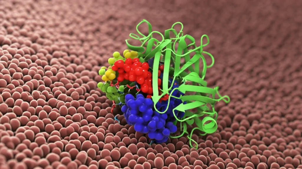 Illustrazione 3D fotorealistica della proteina AftB incorporata in una membrana cellulare micobatterica, con molecole di substrato che si avvicinano alla cavità attiva, obiettivo prime 35mm, profondità di campo che sfoca lo sfondo, illuminazione suggestiva che evidenzia l'enzima.