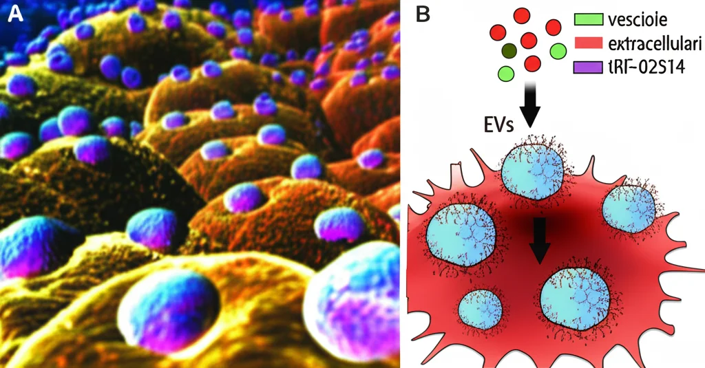 Immagine concettuale ad alto dettaglio, realizzata con obiettivo macro 100mm e illuminazione controllata, che rappresenta vescicole extracellulari (EVs) che rilasciano il frammento tRF-02514 verso una cellula microgliale, simboleggiando il nuovo target terapeutico per il Parkinson.