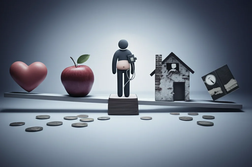 Immagine concettuale che mostra una bilancia sbilanciata: da un lato simboli di salute (cuore, mela) e dall'altro simboli di difficoltà sociali (monete scarse, casa fatiscente, libro strappato), con una figura umana stilizzata al centro con segni di sindrome metabolica (girovita largo, simbolo pressione alta). Prime lens, 50mm, depth of field, duotone blu e grigio, illuminazione drammatica.