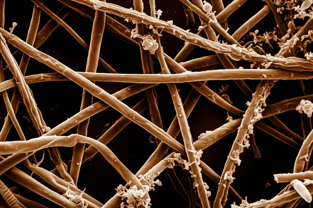 Immagine fotorealistica di ife fungine di Aspergillus fumigatus al microscopio elettronico a scansione, alta definizione, illuminazione drammatica, obiettivo macro 105mm, dettagli intricati delle strutture fungine su uno sfondo scuro che simboleggia il polmone.