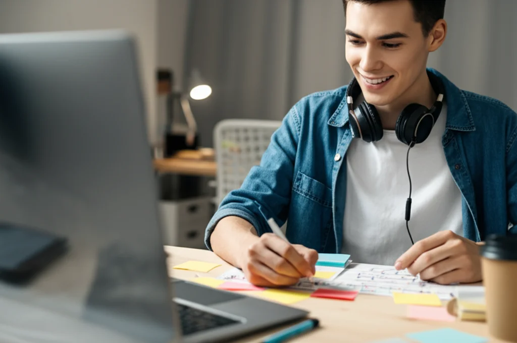 Immagine fotorealistica di uno studente universitario sorridente che applica tecniche di Playful Study Design alla sua scrivania, usando post-it colorati e trasformando appunti in uno schema visivamente accattivante, ambiente luminoso e positivo, obiettivo 35mm, profondità di campo.