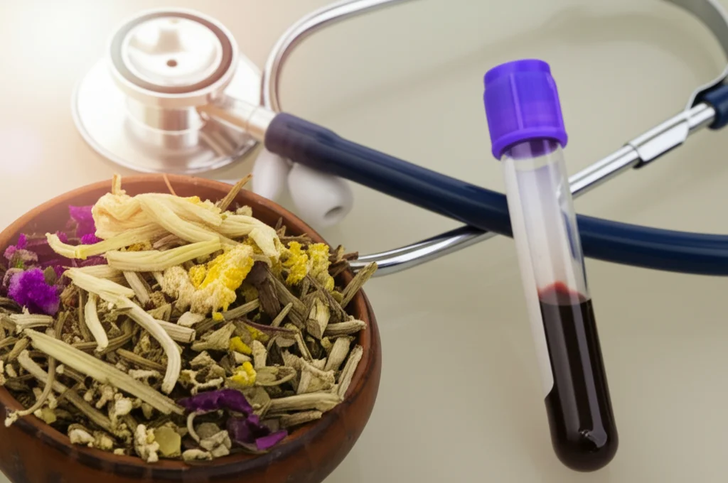 Immagine fotorealistica, obiettivo macro 100mm, alta definizione, luce controllata, una ciotola tradizionale coreana per la preparazione di erbe medicinali riempita di erbe essiccate accanto a una moderna provetta per il prelievo di sangue e uno stetoscopio, simboleggiando l'integrazione tra medicina tradizionale e moderna.