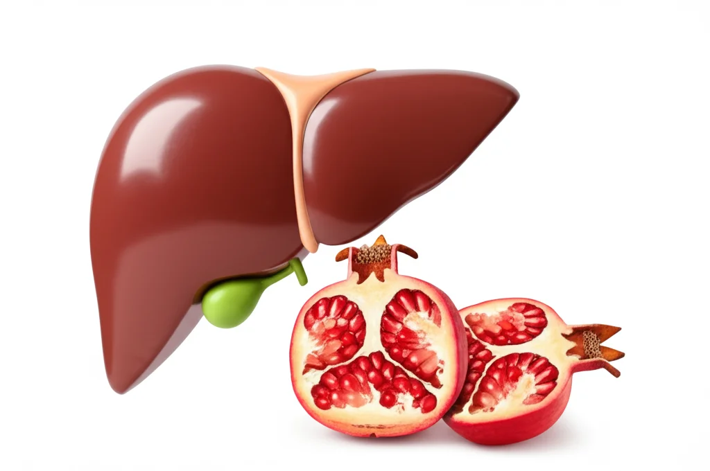 Immagine fotorealistica, obiettivo primario 35mm, che mostra un modello di fegato umano sano accanto a un melograno vibrante e tagliato a metà su uno sfondo pulito e chiaro, profondità di campo, simboleggiando il supporto naturale alla salute del fegato.