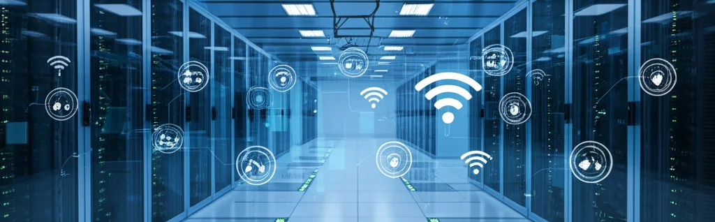Interno futuristico di un data center energetico efficiente, file di server luminosi, con sovrapposizioni grafiche che mostrano flussi di dati wireless ottimizzati e icone di intelligenza artificiale, obiettivo grandangolare 14mm, messa a fuoco nitida, illuminazione blu high-tech.