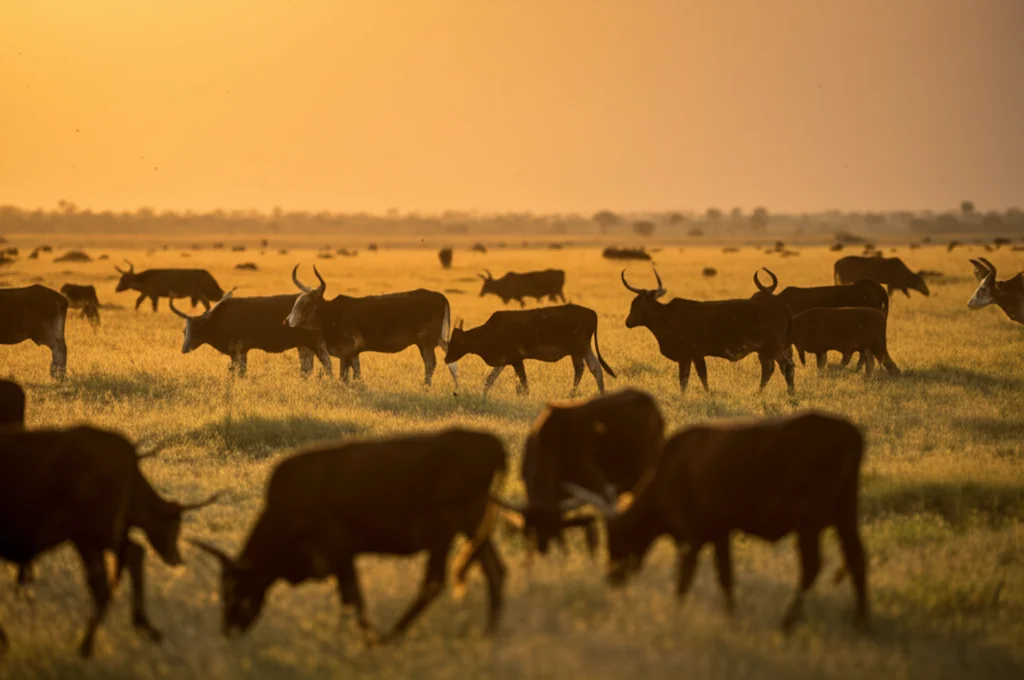 Mandria di bestiame africano (mucche, pecore) in un paesaggio della Rift Valley al tramonto, con zanzare Aedes visibili in primo piano sfocato, simbolo della trasmissione della Febbre della Rift Valley. Fotografia naturalistica, obiettivo teleobiettivo 200mm, luce calda del tardo pomeriggio, alta definizione, profondità di campo.